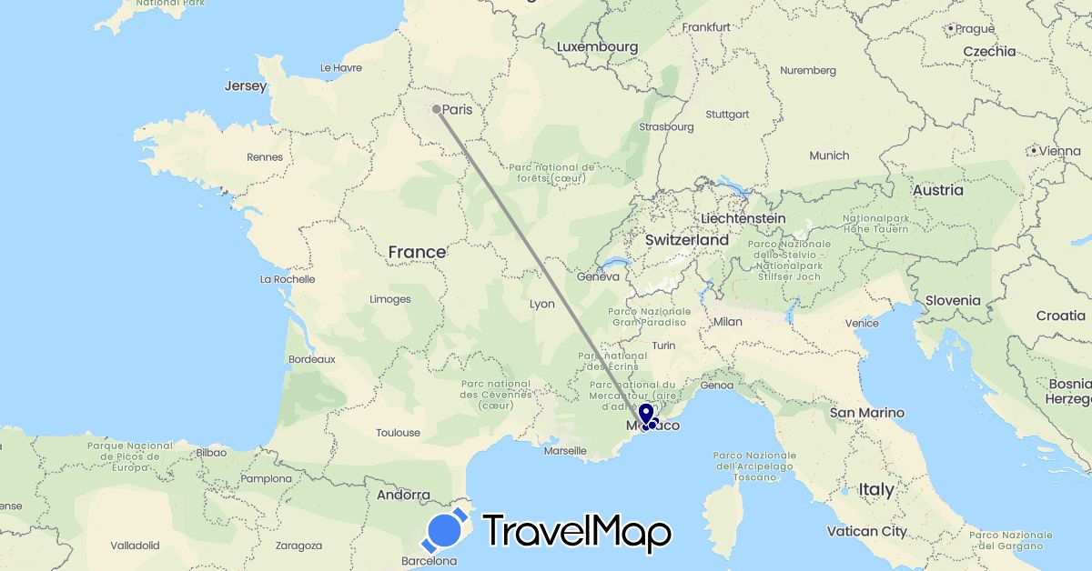 TravelMap itinerary: driving, bus, plane in France, Monaco (Europe)